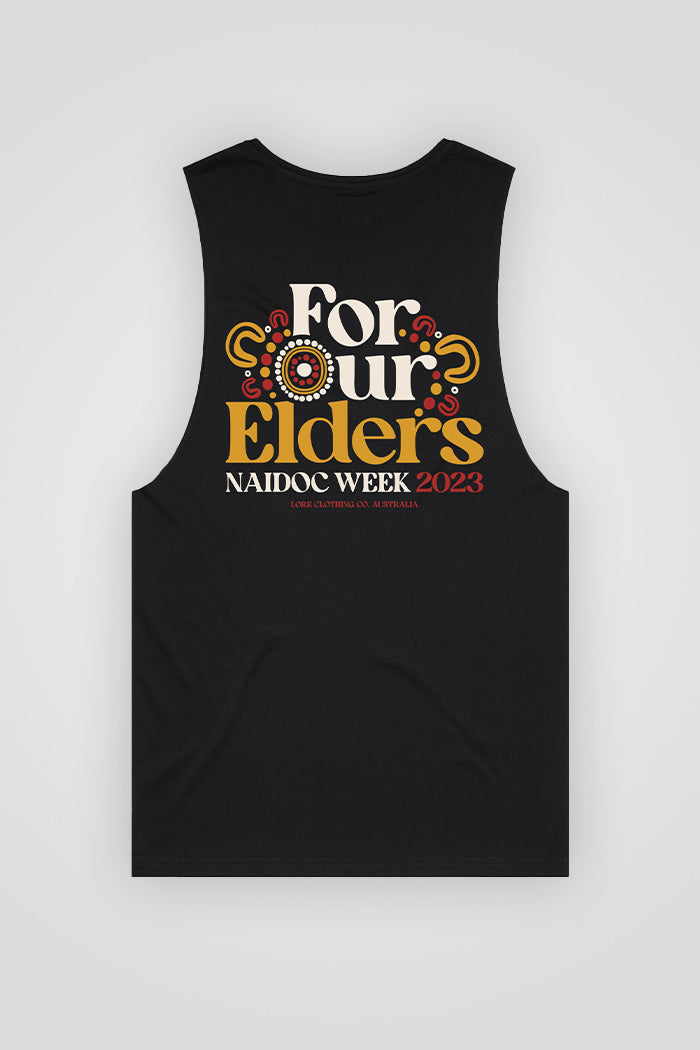 "For Our Elders" NAIDOC 23 Pocket Print (Red & Yellow) Black Cotton Men's Muscle Tank Top