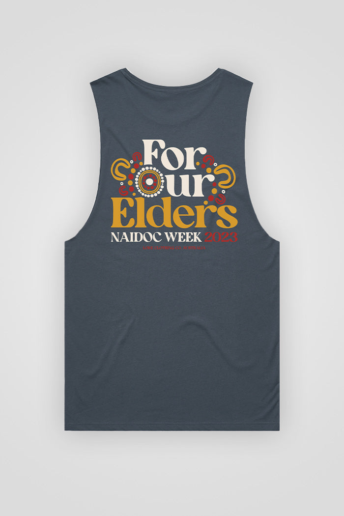 "For Our Elders" NAIDOC 23 Pocket Print (Red & Yellow) Petrol Blue Cotton Men's Muscle Tank Top