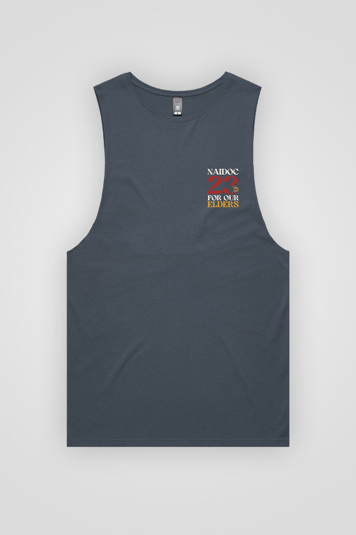 "For Our Elders" NAIDOC 23 Pocket Print (Red & Yellow) Petrol Blue Cotton Men's Muscle Tank Top