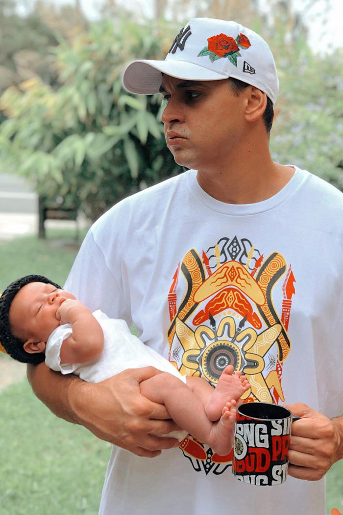 Aboriginal Art Clothing-Sports Tribute White Cotton Crew Neck Unisex T-Shirt-Yarn Marketplace