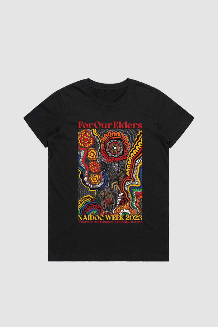 Wisdom Of Our Elders NAIDOC WEEK 2023 Black Cotton Crew Neck Women's T-Shirt