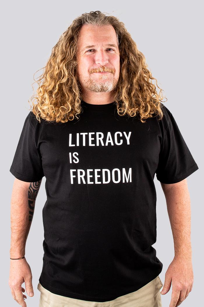 Aboriginal Art Clothing-"Literacy is Freedom" Black Cotton Crew Neck Unisex T-Shirt-Yarn Marketplace