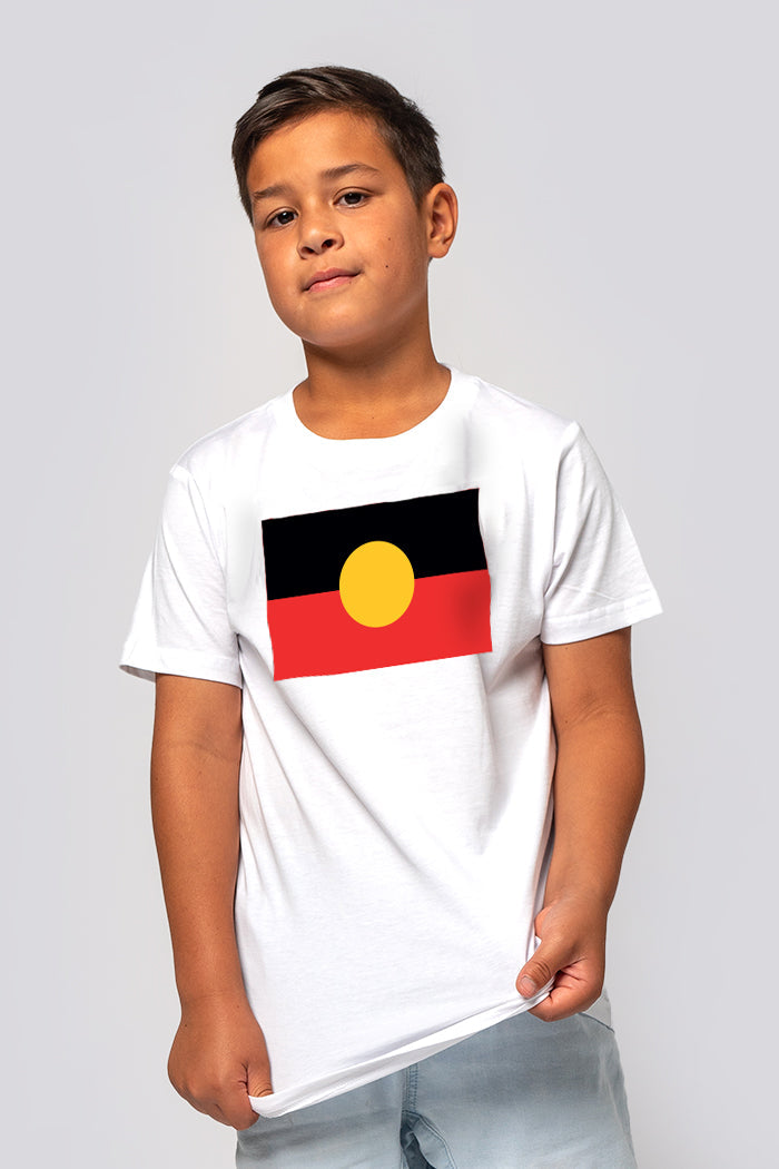 Aboriginal Art Clothing-"Raise the Flag" Aboriginal Flag (Large) White Cotton Crew Neck Kids T-Shirt-Yarn Marketplace