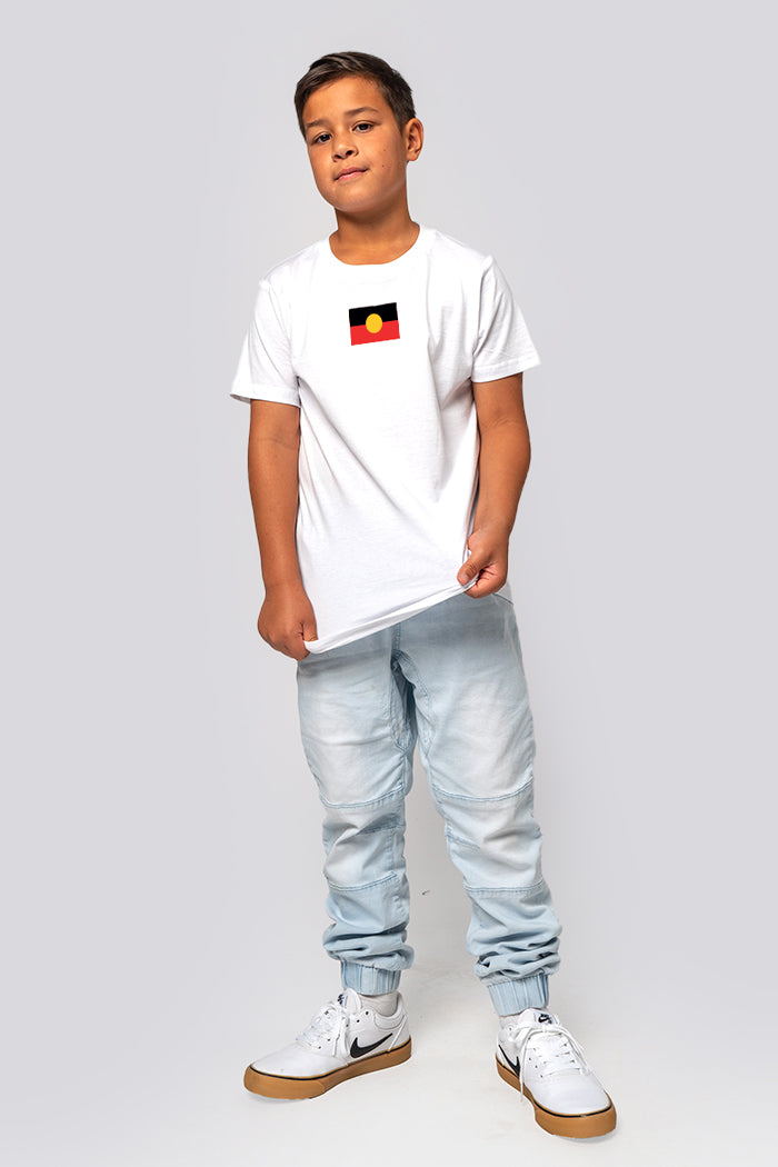 "Raise the Flag" Aboriginal Flag (Small) White Cotton Crew Neck Kids T-Shirt