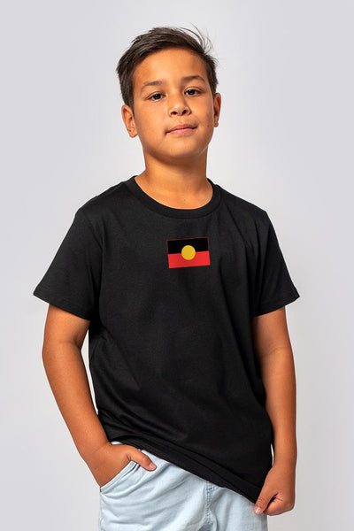 Aboriginal Art Clothing-"Raise the Flag" Aboriginal Flag (Small) Black Cotton Crew Neck Kids T-Shirt-Yarn Marketplace