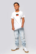 Aboriginal Art Clothing-"Raise the Flag" Aboriginal Flag (Small) White Cotton Crew Neck Kids T-Shirt-Yarn Marketplace