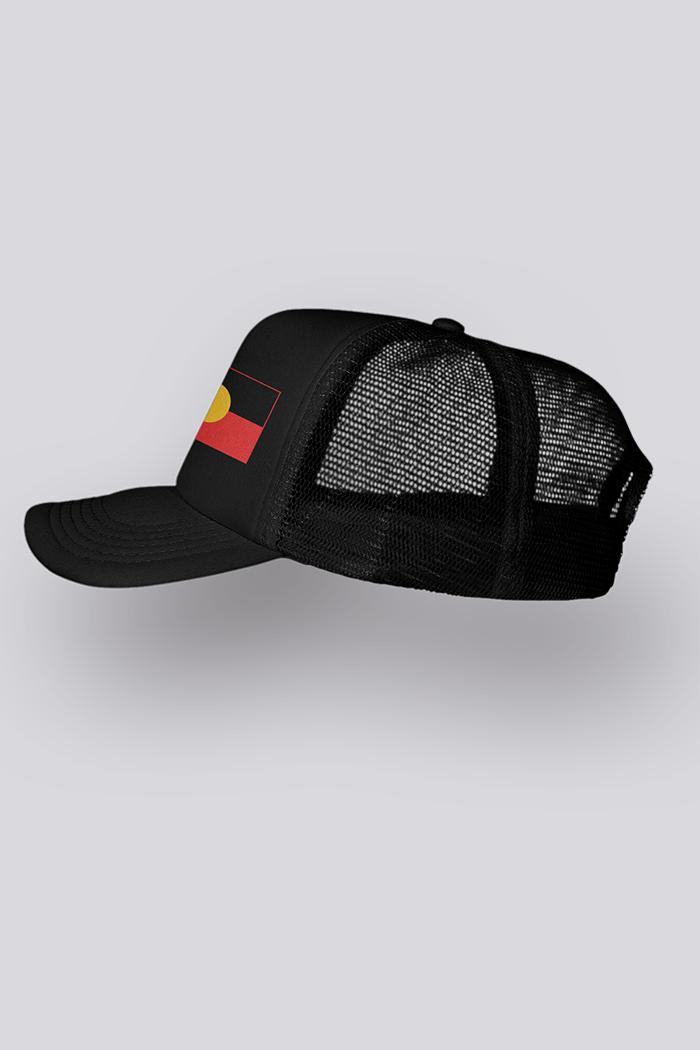 Aboriginal Art Headwear-"Raise the Flag" Aboriginal Flag Black Front Trucker Cap-Yarn Marketplace