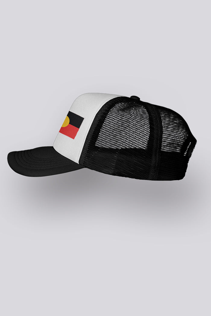 Aboriginal Art Headwear-"Raise the Flag" Aboriginal Flag White Front Trucker Cap-Yarn Marketplace