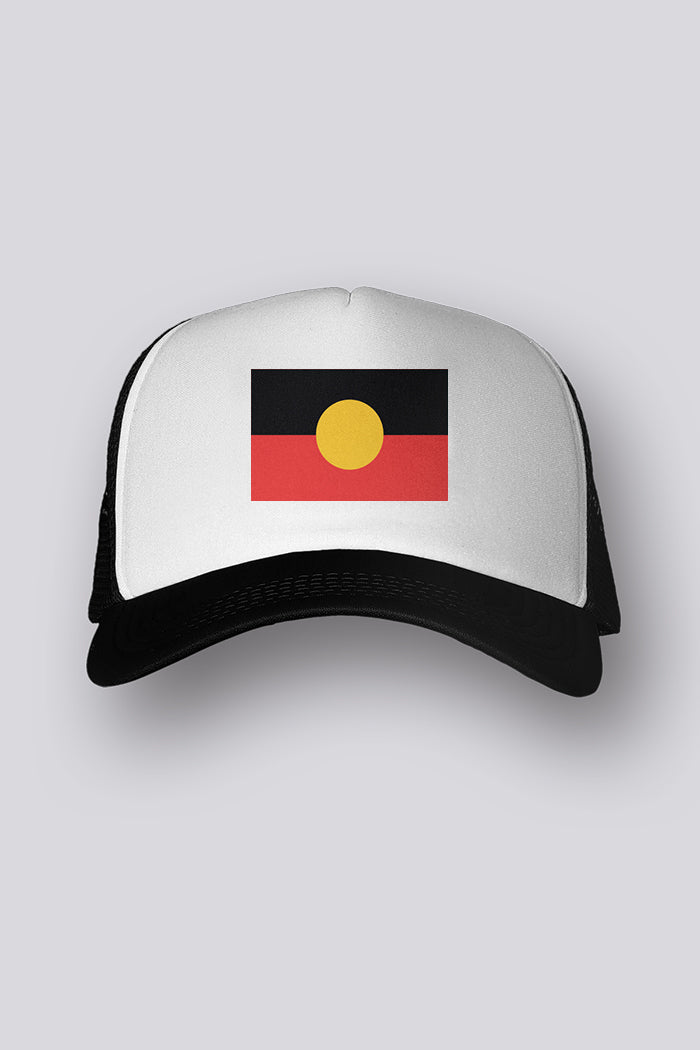 Aboriginal Art Headwear-"Raise the Flag" Aboriginal Flag White Front Trucker Cap-Yarn Marketplace