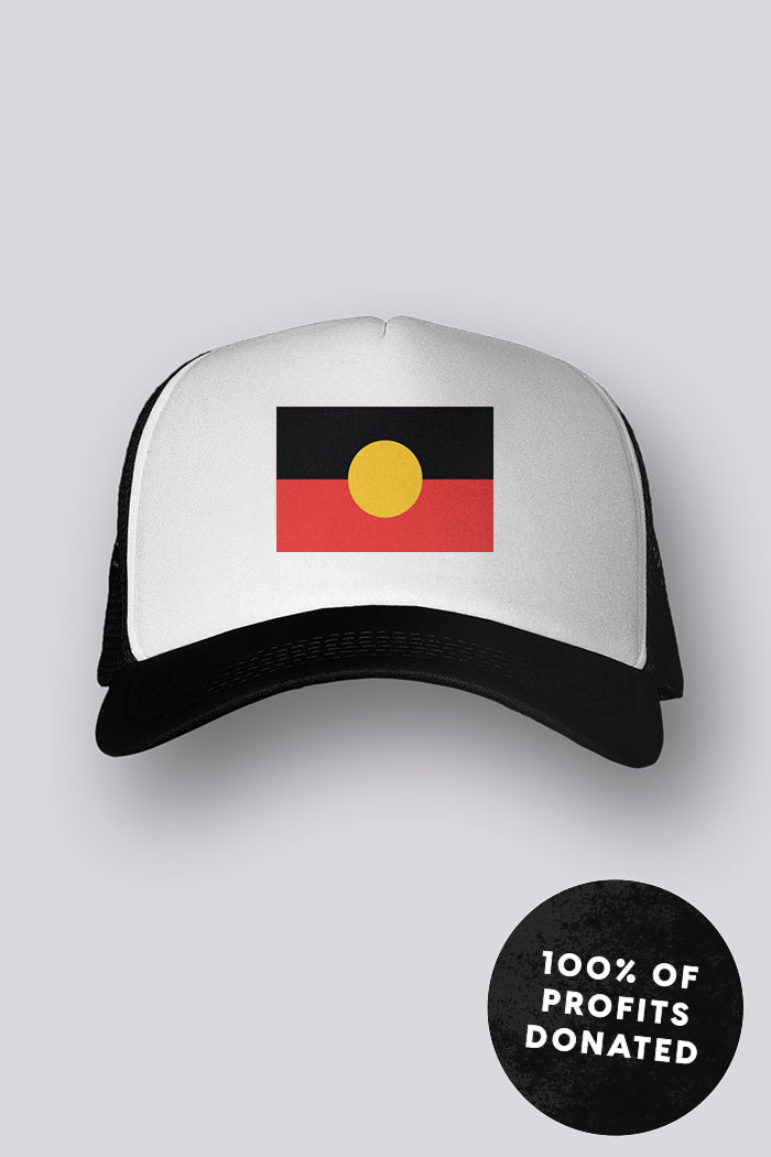 Aboriginal Art Headwear-"Raise the Flag" Aboriginal Flag White Front Trucker Cap-Yarn Marketplace