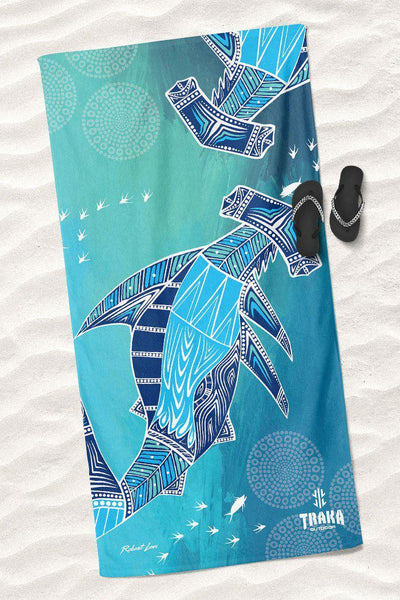 Aboriginal Art Bath Sand Free-Hammerhead School Beach Towel-Yarn Marketplace