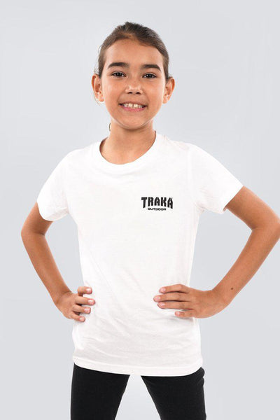 Aboriginal Art Clothing-Traka Barra White Cotton Crew Neck Kids T-Shirt-Yarn Marketplace