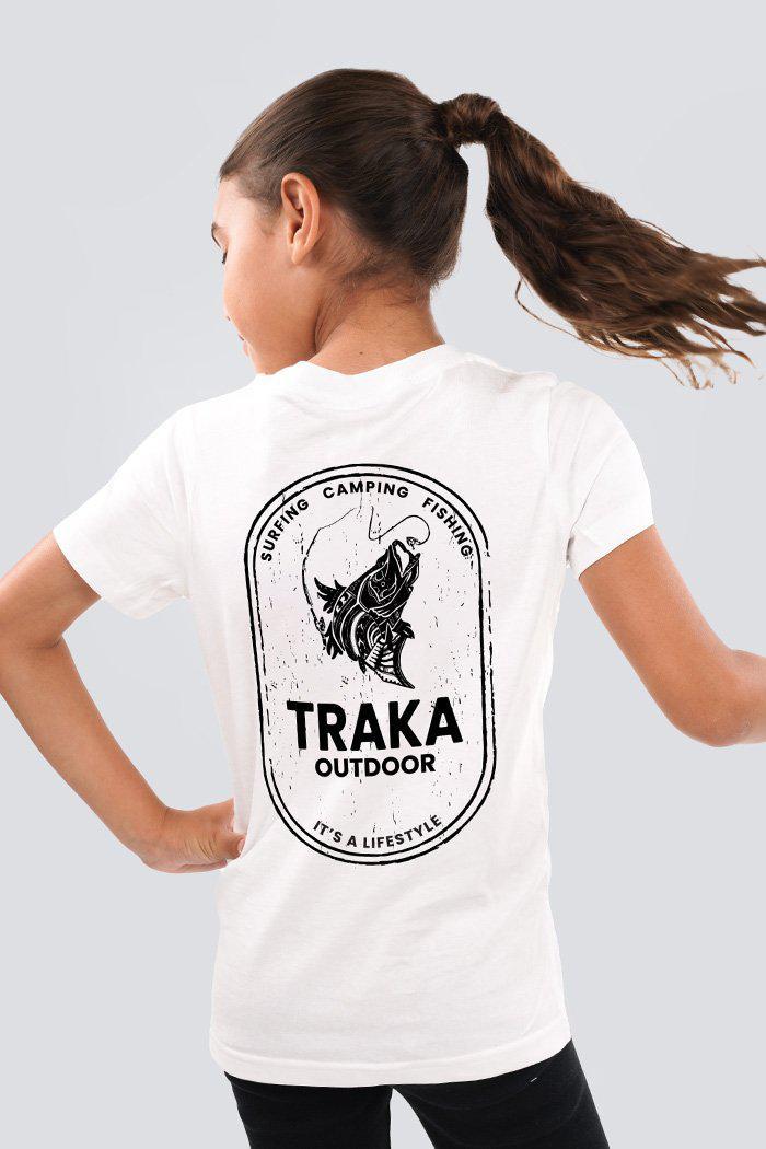 Aboriginal Art Clothing-Traka Barra White Cotton Crew Neck Kids T-Shirt-Yarn Marketplace