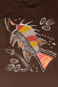 Aboriginal Art Clothing-Barramundi Hunt Dark Chocolate Cotton Crew Neck Unisex T-Shirt-Yarn Marketplace