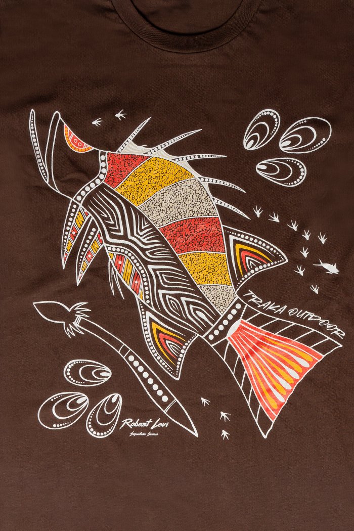 Aboriginal Art Clothing-Barramundi Hunt Dark Chocolate Cotton Crew Neck Unisex T-Shirt-Yarn Marketplace