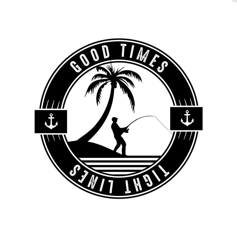 Aboriginal Art Clothing-Good Times Tight Lines White Cotton Crew Neck Men's T-Shirt-Yarn Marketplace