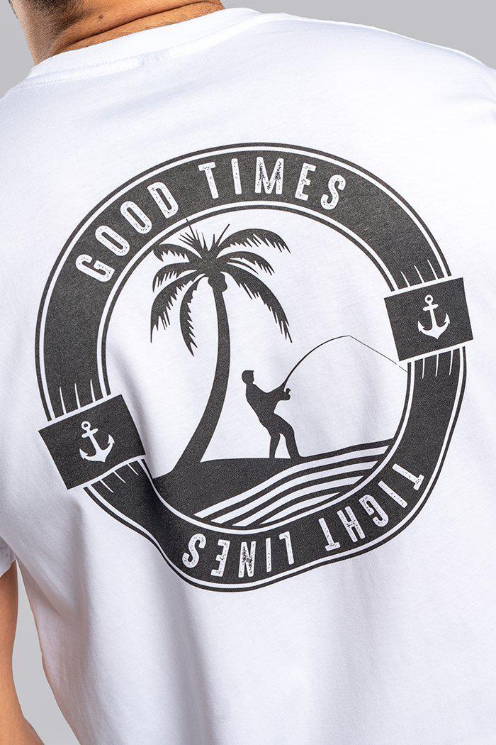 Aboriginal Art Clothing-Good Times Tight Lines White Cotton Crew Neck Men's T-Shirt-Yarn Marketplace