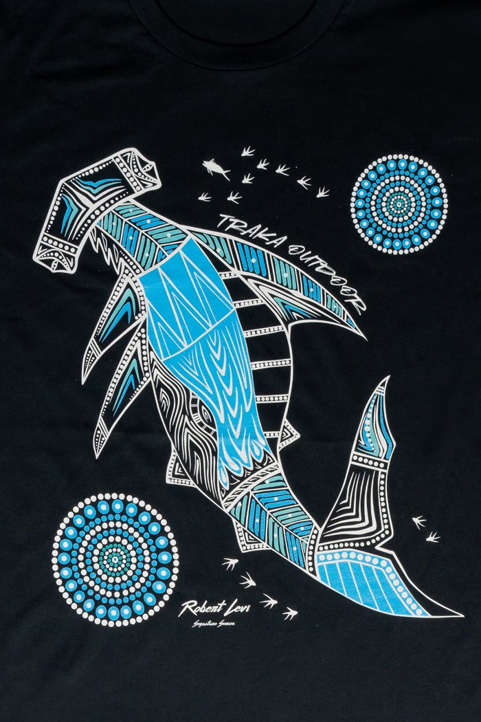 Aboriginal Art Clothing-Hammerhead School Navy Cotton Crew Neck Unisex T-Shirt-Yarn Marketplace