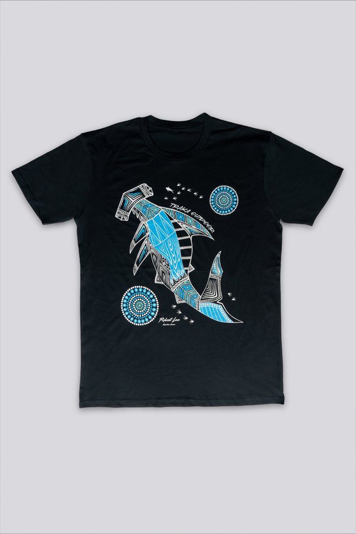 Aboriginal Art Clothing-Hammerhead School Navy Cotton Crew Neck Unisex T-Shirt-Yarn Marketplace