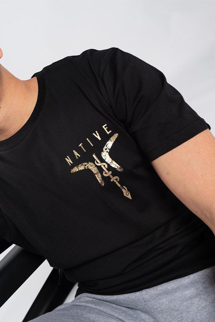 Aboriginal Art Clothing-Native Black Metallic Gold Tall Cotton Crew Neck Men's T-Shirt-Yarn Marketplace