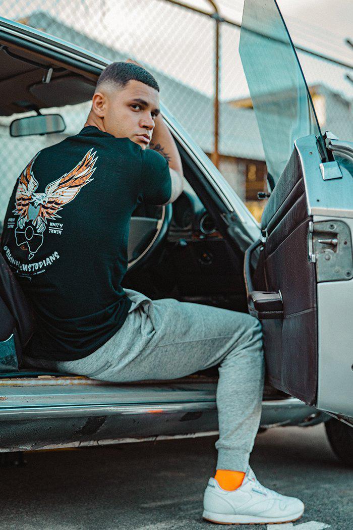 Aboriginal Art Clothing-Original Custodians Black Cotton Crew Neck Men's T-Shirt-Yarn Marketplace