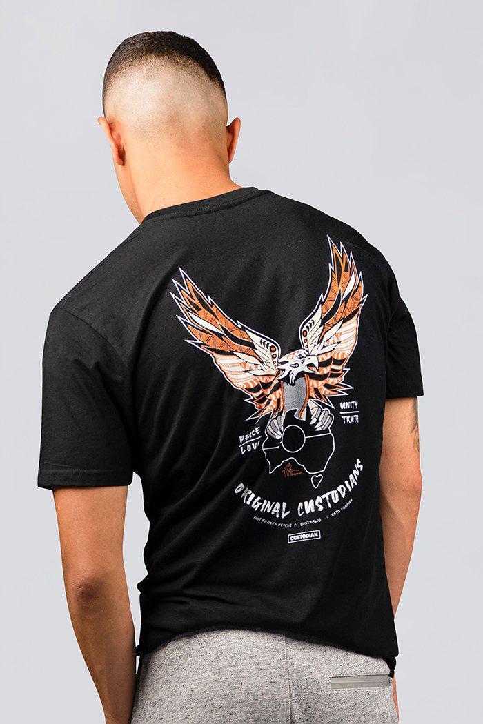 Aboriginal Art Clothing-Original Custodians Black Cotton Crew Neck Men's T-Shirt-Yarn Marketplace