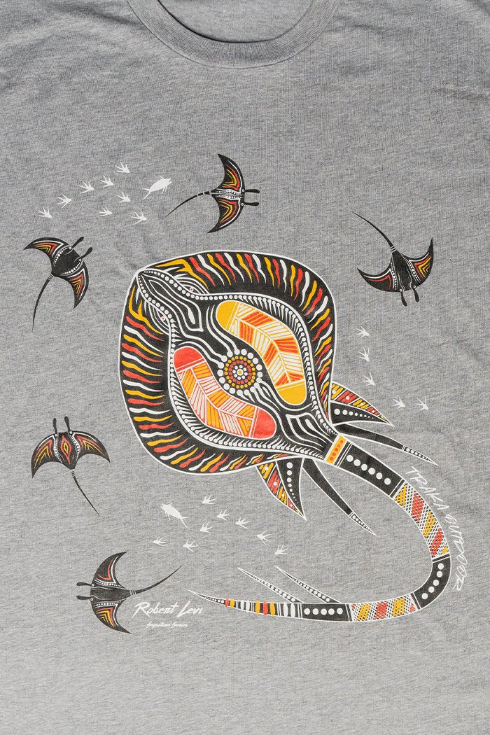 Aboriginal Art Clothing-Stingray Fever Grey Marle Cotton Crew Neck Unisex T-Shirt-Yarn Marketplace