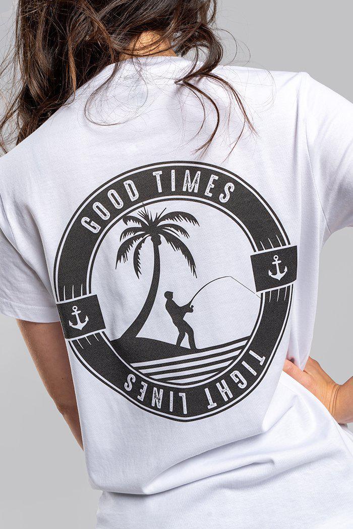 Aboriginal Art Clothing-Good Times Tight Lines White Cotton Crew Neck Women's T-Shirt-Yarn Marketplace