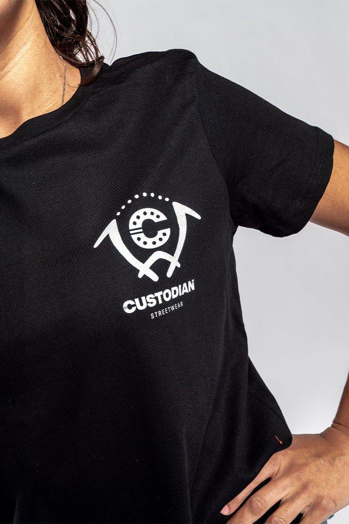 Aboriginal Art Clothing-Maree Black Cotton Crew Neck Women's T-Shirt-Yarn Marketplace