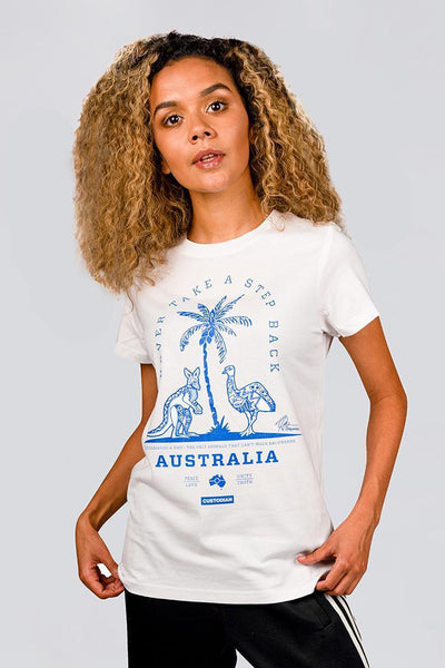 Aboriginal Art Clothing-Never Take a Step Back White Cotton Crew Neck Women's T-Shirt-Yarn Marketplace