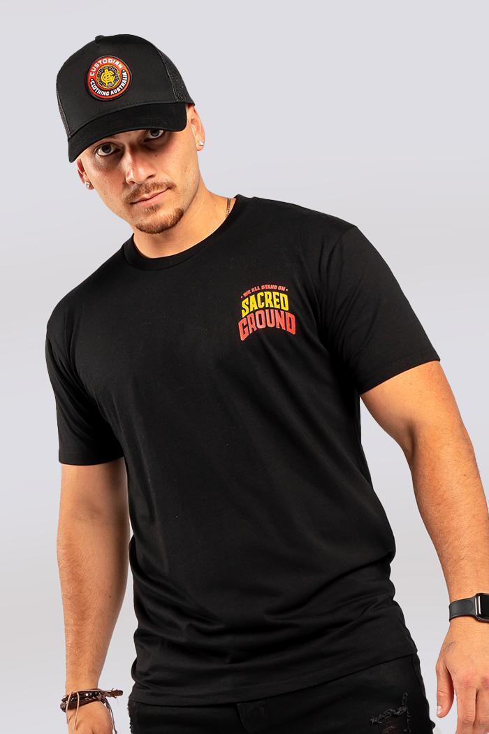 Aboriginal Art Clothing-Vintage Sacred Ground Classic Black Cotton Crew Neck Unisex T-Shirt-Yarn Marketplace