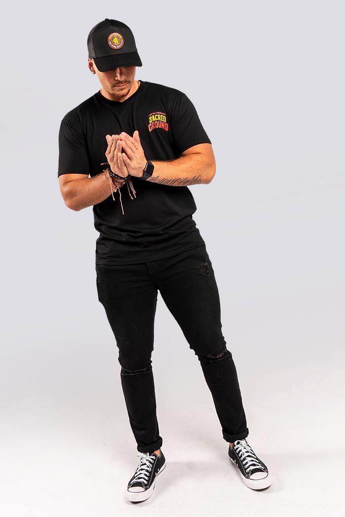 Aboriginal Art Clothing-Vintage Sacred Ground Classic Black Cotton Crew Neck Unisex T-Shirt-Yarn Marketplace