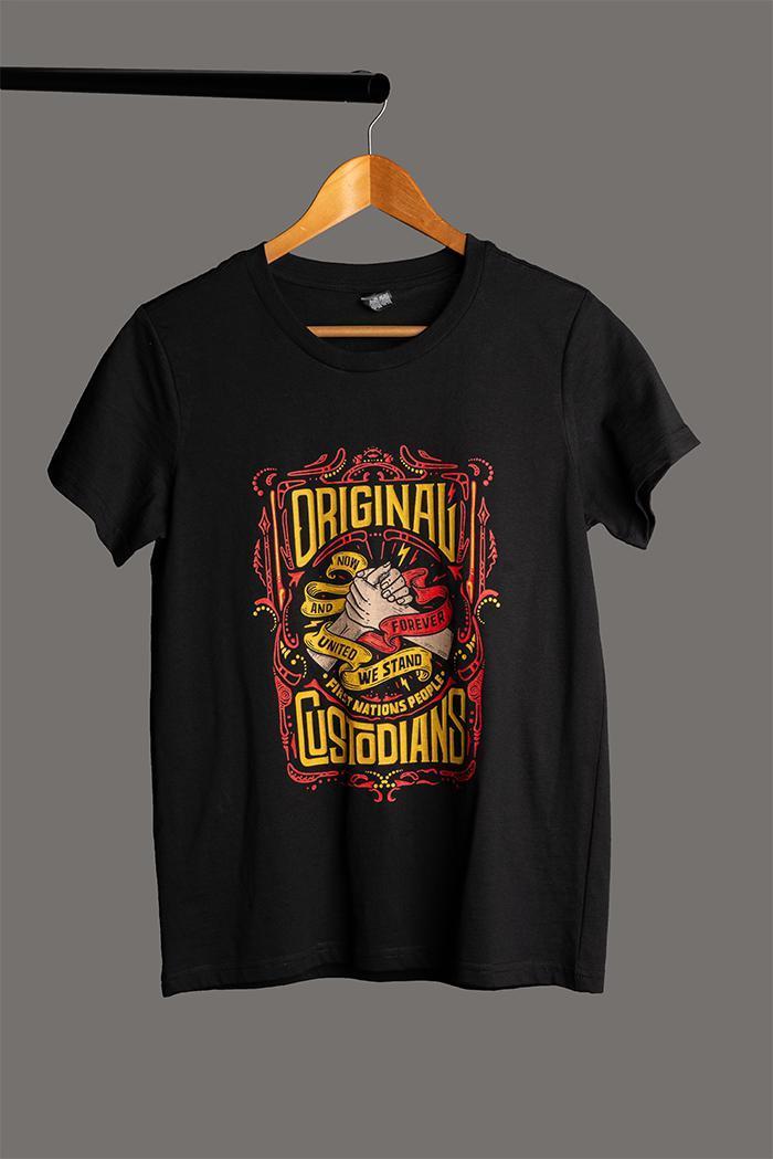 Aboriginal Art Clothing-Vintage Original Custodians Classic Black Cotton Crew Neck Women's T-Shirt-Yarn Marketplace