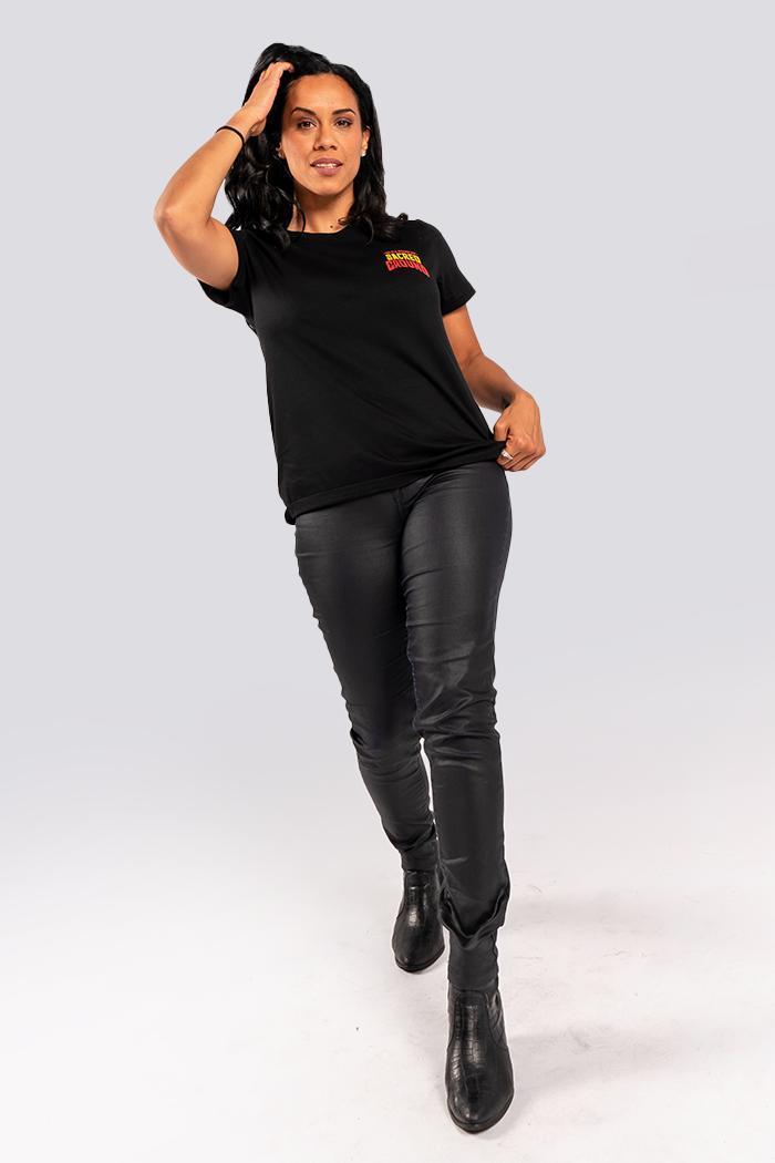 Aboriginal Art Clothing-Vintage Sacred Ground Classic Black Cotton Crew Neck Women's T-Shirt-Yarn Marketplace