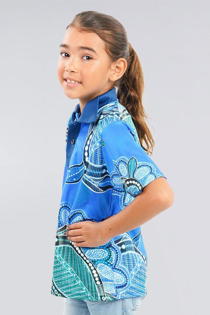 Aboriginal Art Clothing-Ocean Turtles UPF 50 Kids Polo Shirt-Yarn Marketplace