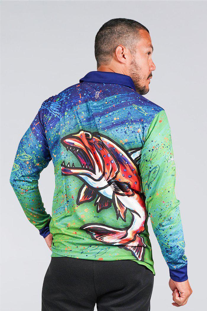 Aboriginal Art Clothing-Coral Trout Dreams Recycled Unisex Long Sleeve Polo Shirt-Yarn Marketplace