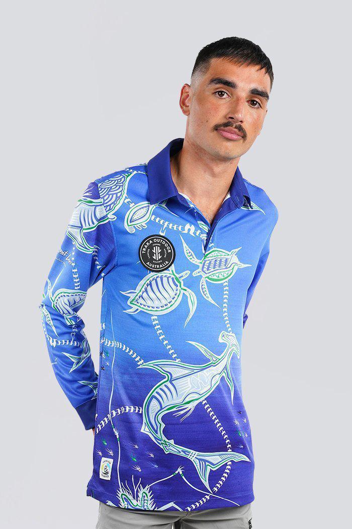 Aboriginal Art Clothing-Lagaw Reef Recycled Unisex Long Sleeve Polo Shirt-Yarn Marketplace