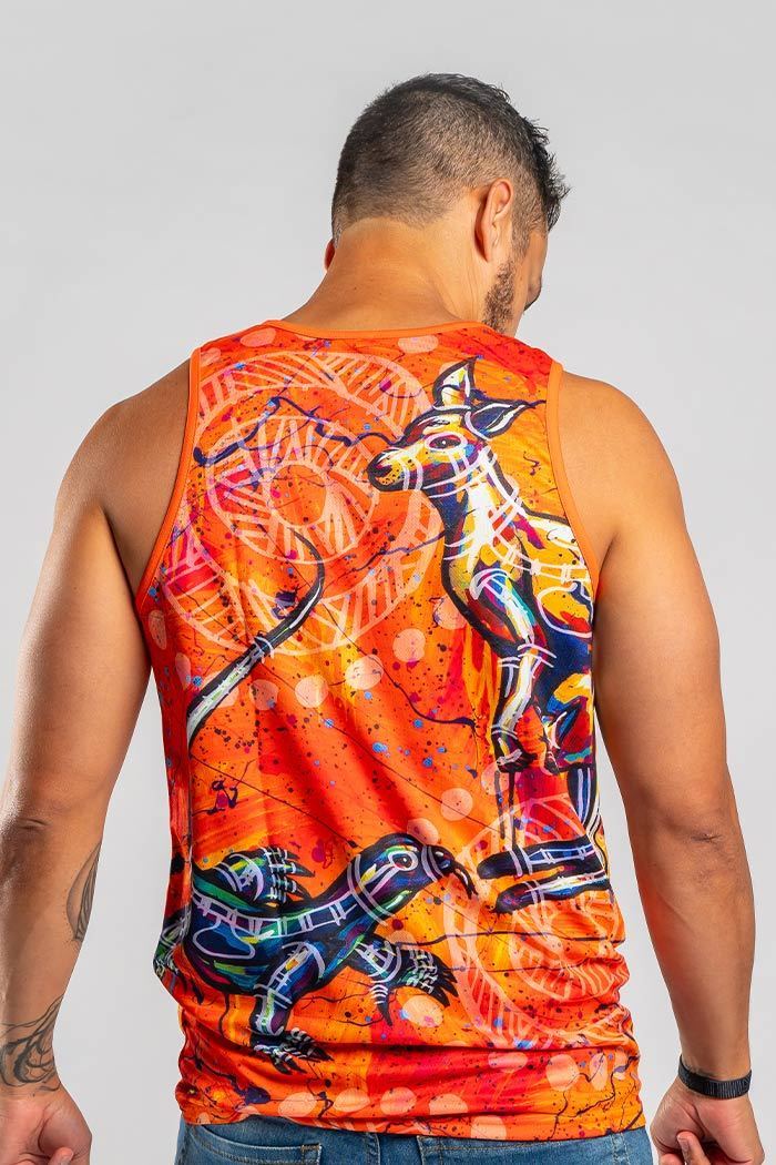 Aboriginal Art Clothing-Kangaroo & Goanna Dreaming Men's Singlet-Yarn Marketplace