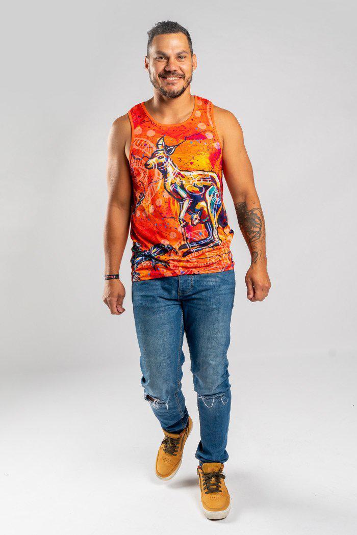 Aboriginal Art Clothing-Kangaroo & Goanna Dreaming Men's Singlet-Yarn Marketplace