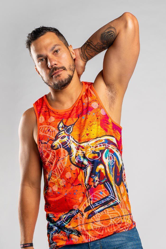 Aboriginal Art Clothing-Kangaroo & Goanna Dreaming Men's Singlet-Yarn Marketplace