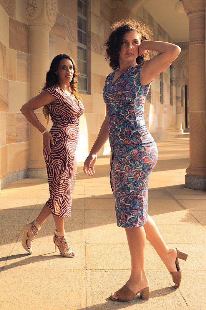 Aboriginal Art Clothing-Bush Potato V Neck Women's Midi Dress-Yarn Marketplace