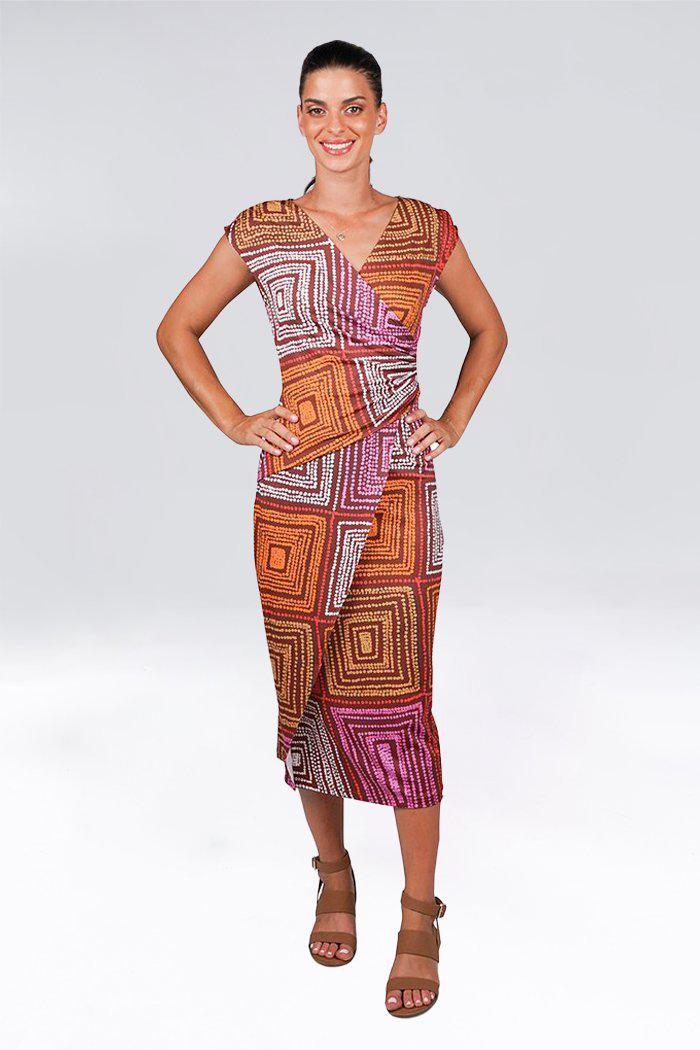 Aboriginal Art Clothing-Karnta Jukurrpa V Neck Women's Midi Dress-Yarn Marketplace