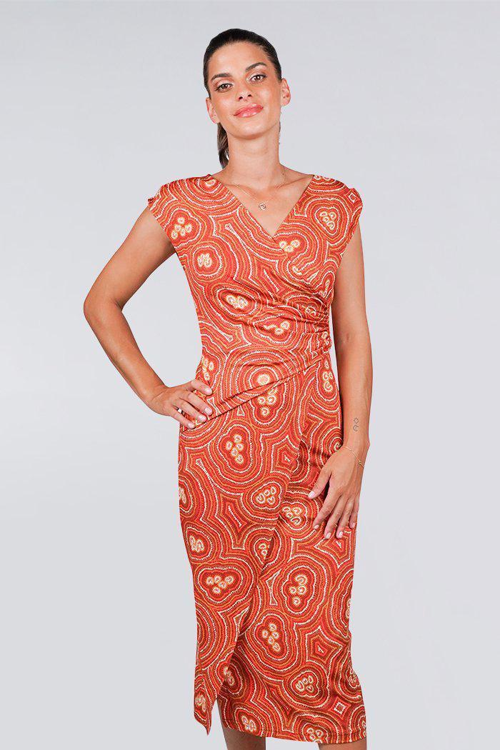 Aboriginal Art Clothing-Lappi Lappi V Neck Women's Midi Dress-Yarn Marketplace