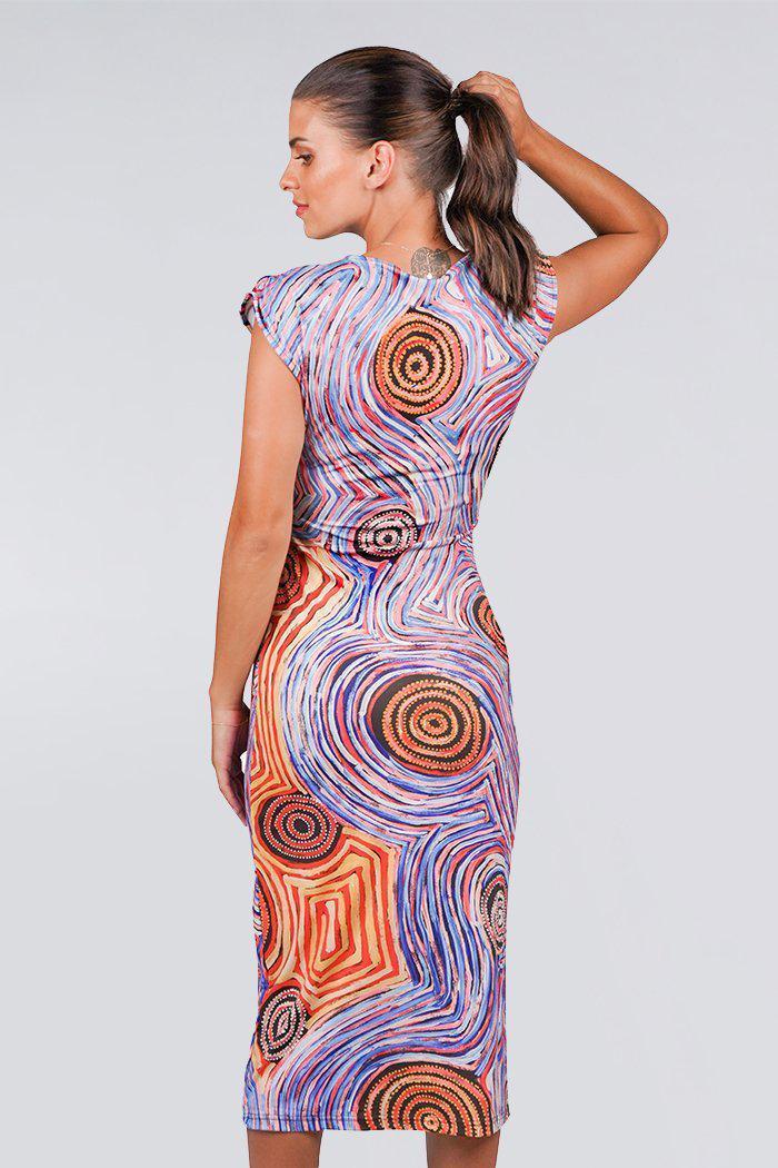 Aboriginal Art Clothing-Mina Jukurrpa V Neck Women's Midi Dress-Yarn Marketplace