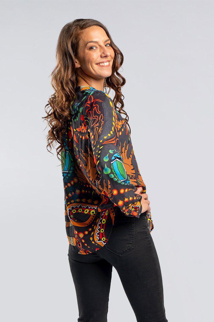 Aboriginal Art Clothing-Cultural Healing V Neck Women's Long Sleeve Blouse-Yarn Marketplace