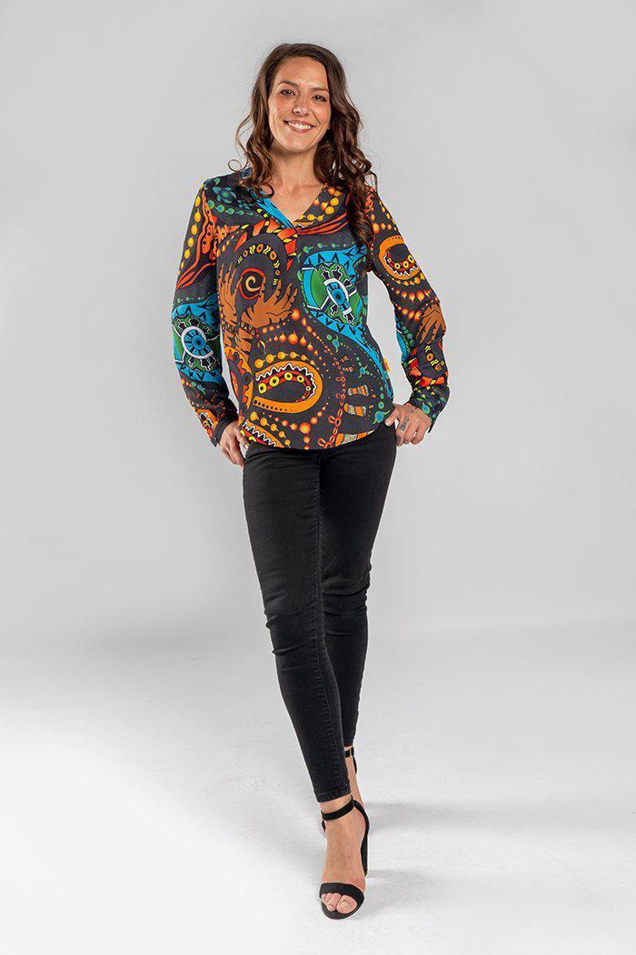 Aboriginal Art Clothing-Cultural Healing V Neck Women's Long Sleeve Blouse-Yarn Marketplace