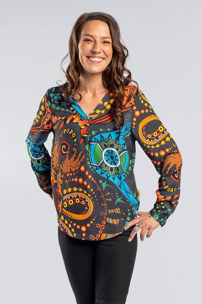 Aboriginal Art Clothing-Cultural Healing V Neck Women's Long Sleeve Blouse-Yarn Marketplace