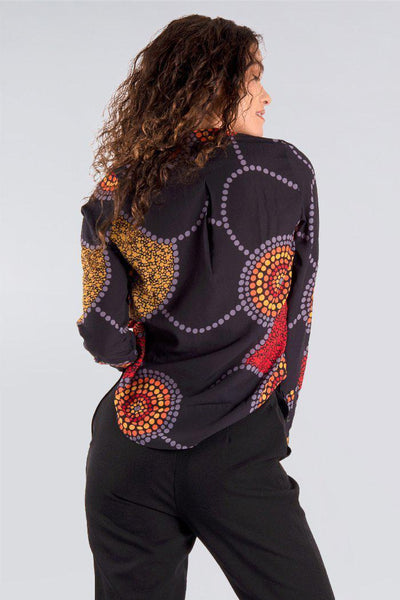 Aboriginal Art Clothing-Community Unity V Neck Women's Long Sleeve Blouse-Yarn Marketplace