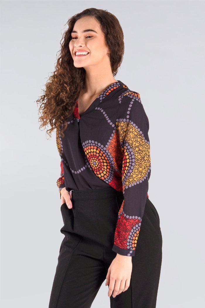 Aboriginal Art Clothing-Community Unity V Neck Women's Long Sleeve Blouse-Yarn Marketplace