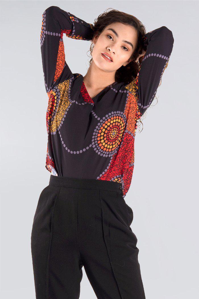 Aboriginal Art Clothing-Community Unity V Neck Women's Long Sleeve Blouse-Yarn Marketplace